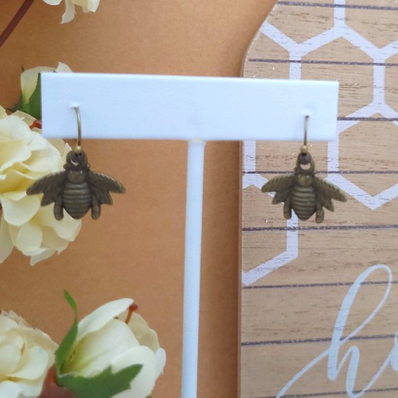 Handmade Antique Bronze Earrings Metal Bumble Bee Hypoallergenic Dangle Hook - Picture 3 of 12